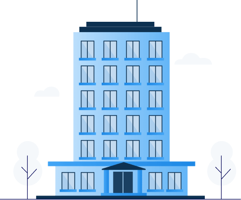 Blue hotel, many windows, trees, clouds. Illustrating apartments that can be managed with OTA Sync cloud hotel management software.