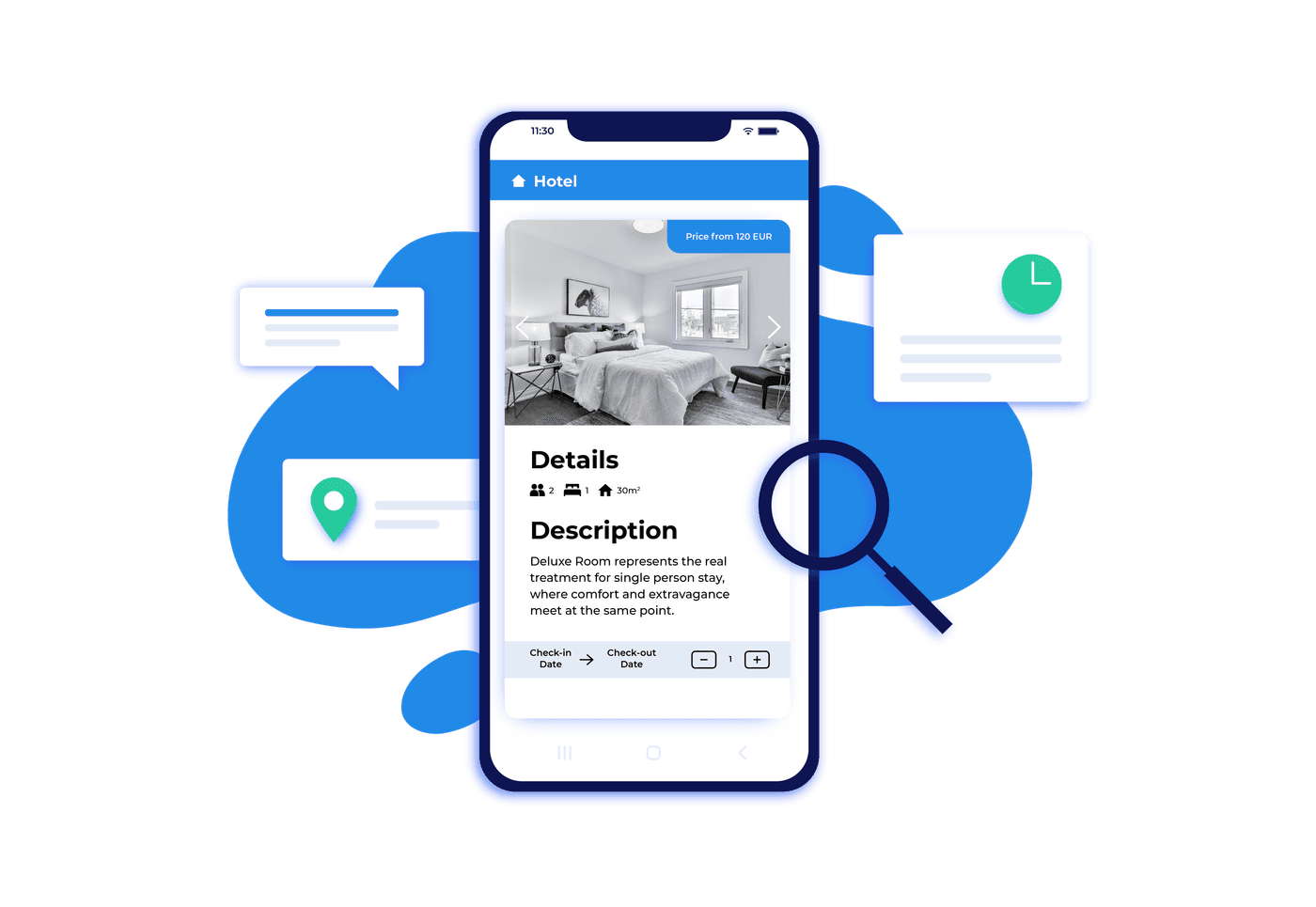 Hotel app search: deluxe room details visible. Facebook option for booking engine