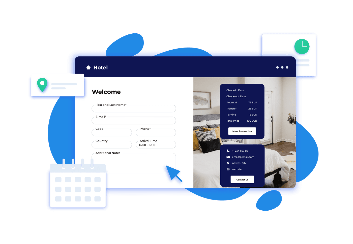 Hotel booking form with calendar and icons. OTA Sync booking engine increases direct bookings and generates greater revenue for hotels and apartments