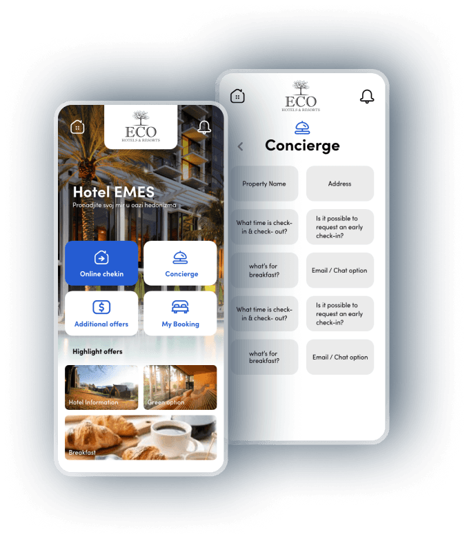 OTA Sync Guest App for hotels First screen: Book, check-in, use concierge services. Second screen: Check breakfast times and details.