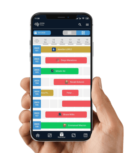 Calendar shows events: Lopez, Maradona, Willis. OTA Sync management system available on your phone.