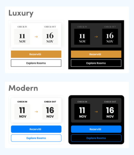 Widgets available with OTA Sync integrations. Luxury: Gold/Black theme; Nov 11-16 stay. Modern: Blue/White theme; Seamless booking options.